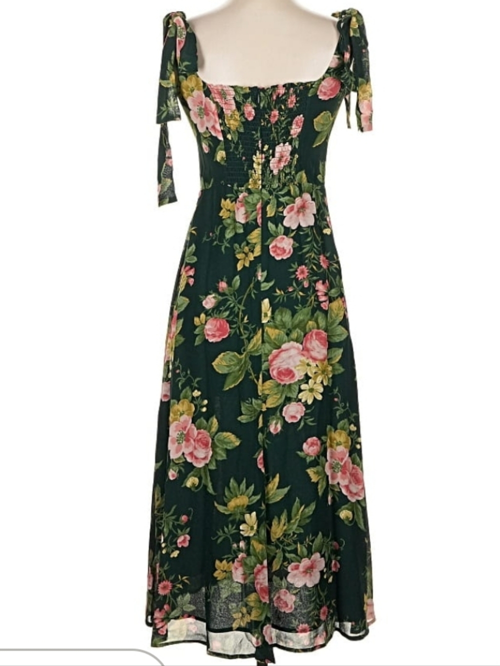 Reformation Dark Green Floral Midi Dress with Pink Blooms - Picture 5 of 6